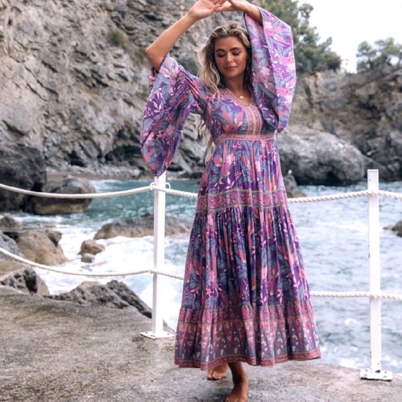 075 Boho Purple Floral Print V neck Cottagecore Dress - Picture 5 of 14